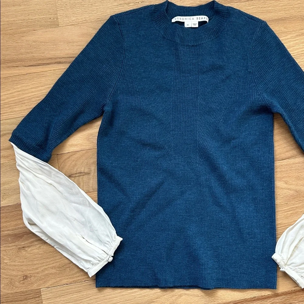 Veronica Beard mixed fabric top/ blue wool crewneck sweater & silk sleeves sz XS